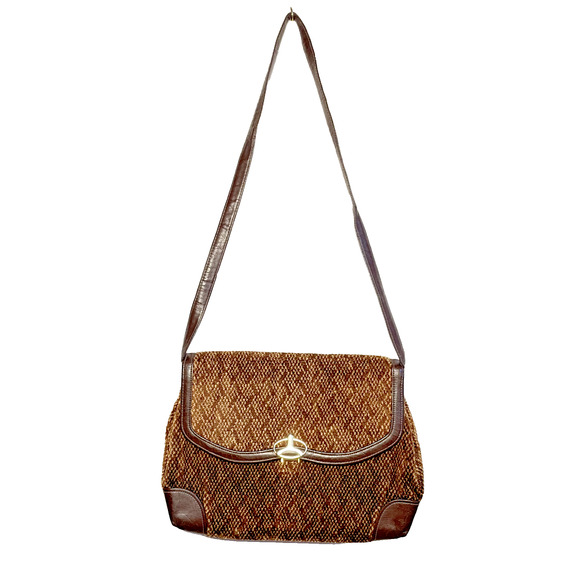 Vintage Chenille Corduroy Crossbody Purse Lock Buckle Leather Mod Retro Mob Wife - Picture 2 of 16